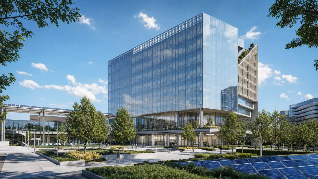 Architektur-Rendering eines modernen Glas-Bürokomplexes mit Solarpanels