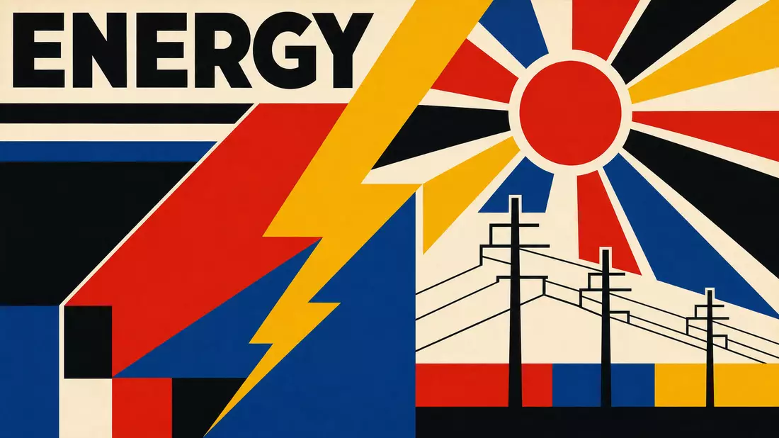 Bauhaus-Poster mit geometrischen Formen, Blitzsymbol und ENERGY Schriftzug