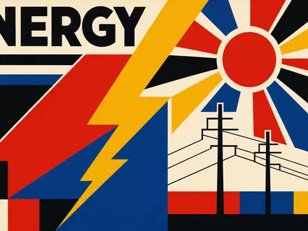 Endesa S.A. ES0130670112 gestaltet geometrisches Bauhaus-Poster mit Blitz, Sonne und Strommasten in Primärfarben - Foto: THN