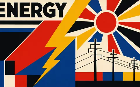 Endesa S.A. ES0130670112 gestaltet geometrisches Bauhaus-Poster mit Blitz, Sonne und Strommasten in Primärfarben - Foto: THN