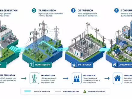 Endesa S.A. ES0130670112 visualisiert isometrische Wertschöpfungskette von Erzeugung über Verteilung bis Verbrauch - Foto: THN
