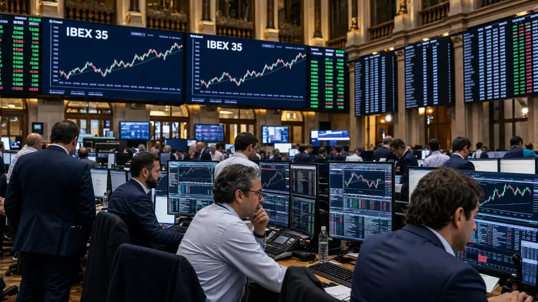 Börsen-Editorial: Händler an Terminals mit IBEX-35-Charts auf Großbildschirmen