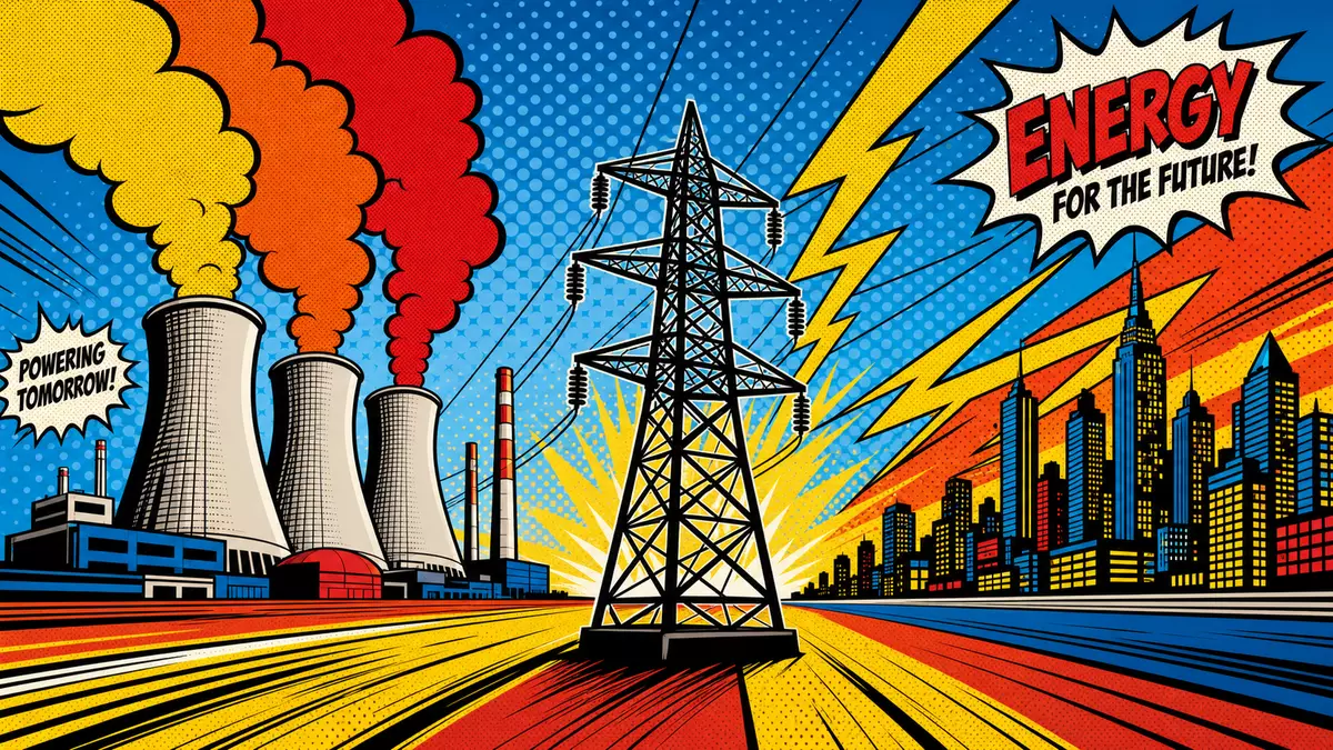 Pop-Art-Comic mit Kraftwerk, Strommast und leuchtender Stadtskyline in Neonfarben