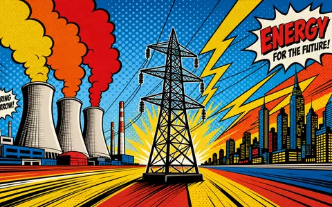 Endesa S.A. ES0130670112 inszeniert farbenfrohe Pop-Art-Comic-Szene mit rauchendem Kraftwerk, hohem Strommast und leuchtender Stadtskyline - Foto: THN