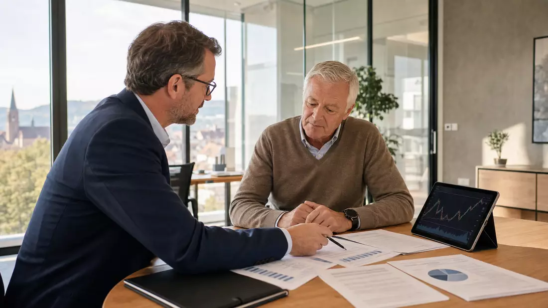 Finanzberater und Kunde besprechen Vorsorgeunterlagen und Charts im Büro