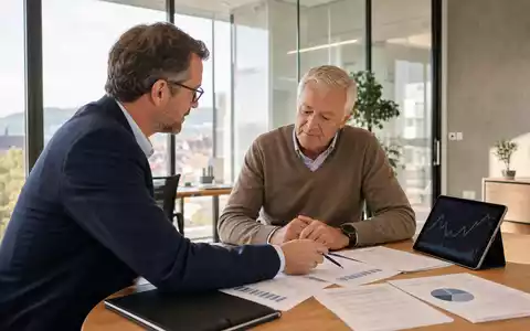 Fotorealistisches Beratungsgespräch symbolisiert MLP SE DE0006569908, Finanzberatung mit Charts und Vorsorgeunterlagen im modernen Büro Wiesloch - Foto: THN