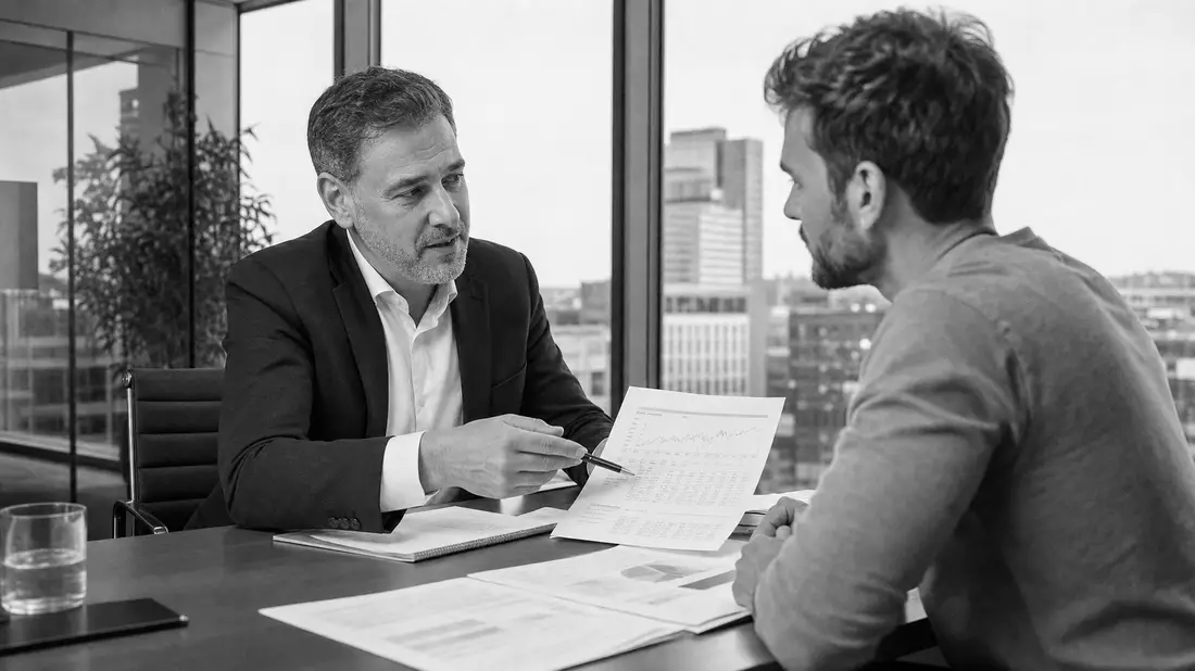 Schwarzweiß-Reportagefoto eines Finanzberatungsgesprächs im Büro