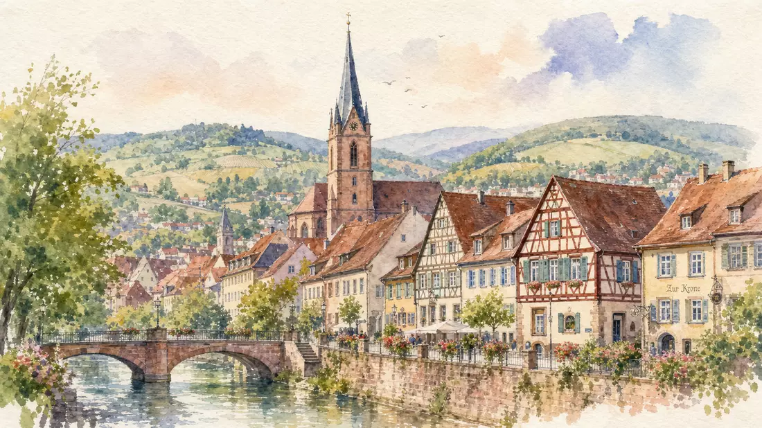Aquarellbild der historischen Altstadt Wiesloch mit Kirchturm und Fluss