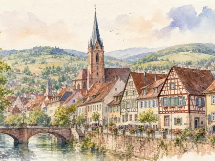 Aquarellmalerei der Stadt Wiesloch zeigt den Firmensitz von MLP SE DE0006569908 mit Kirchturm und Fachwerkhäusern - Foto: THN