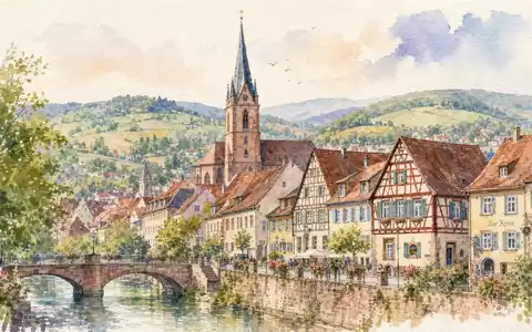 Aquarellmalerei der Stadt Wiesloch zeigt den Firmensitz von MLP SE DE0006569908 mit Kirchturm und Fachwerkhäusern - Foto: THN