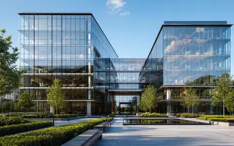 Architektur-Render eines modernen Glasbürogebäudes visualisiert den Hauptsitz von MLP SE DE0006569908 als Finanzdienstleistungsunternehmen - Foto: THN