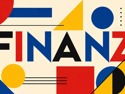 Bauhaus-Poster mit geometrischen Formen und Schriftzug FINANZ symbolisiert die Branche von MLP SE DE0006569908 - Foto: THN