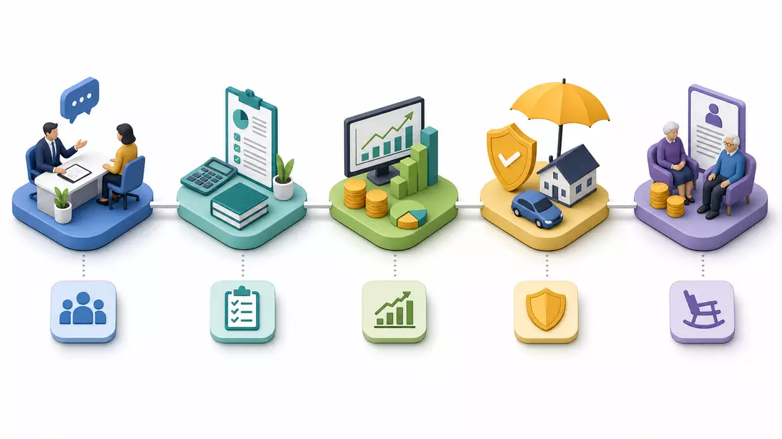 Isometrische 3D-Illustration einer Wertschöpfungskette in der Finanzberatung