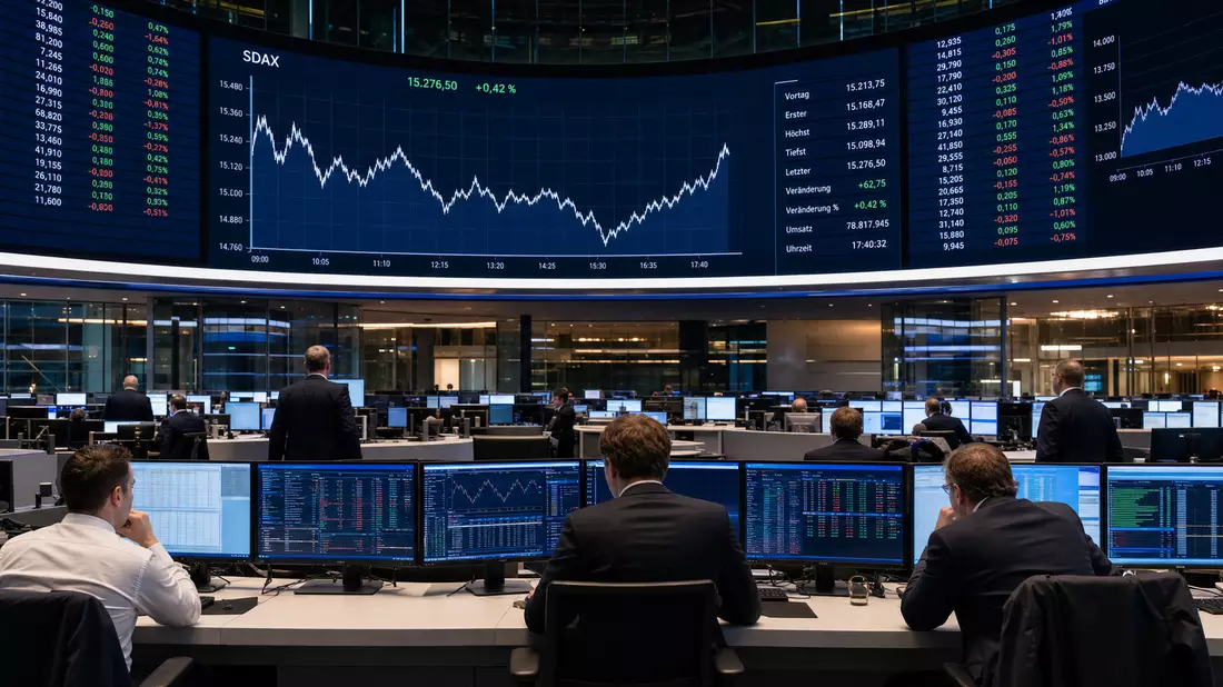 Trading-Floor mit großen Bildschirmen und SDAX-Kursverläufen im Editorial-Stil