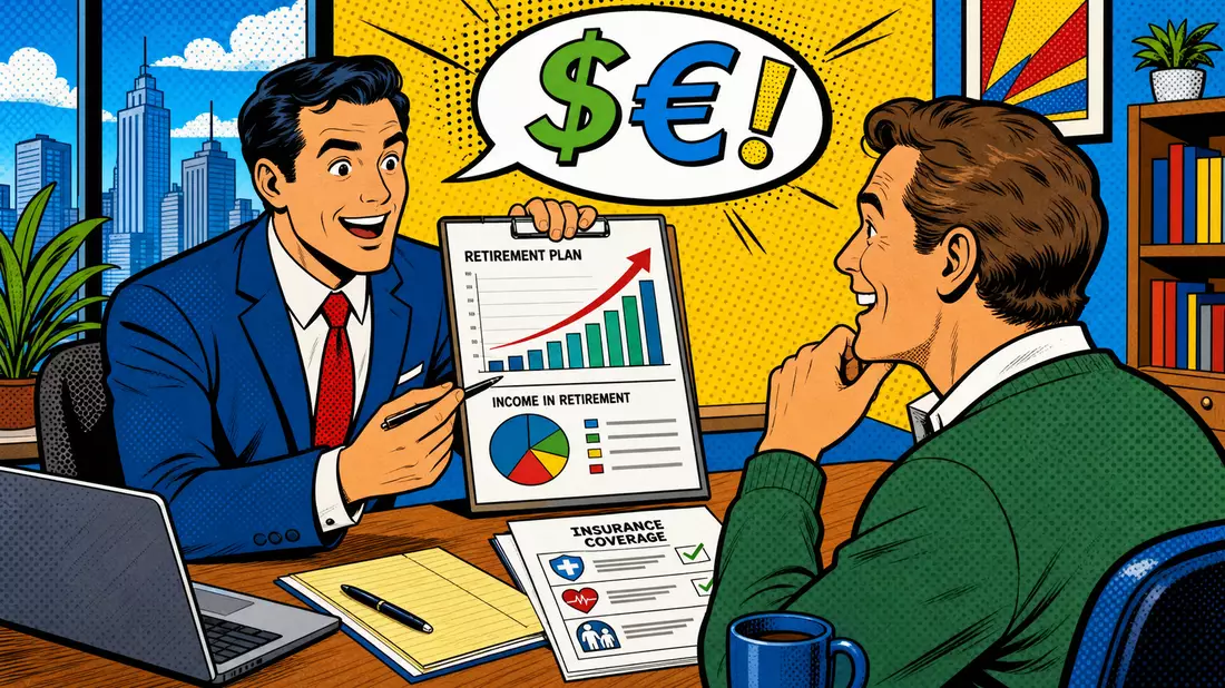 Bunte Pop-Art-Comicszene eines Finanzberatungsgesprächs mit Charts