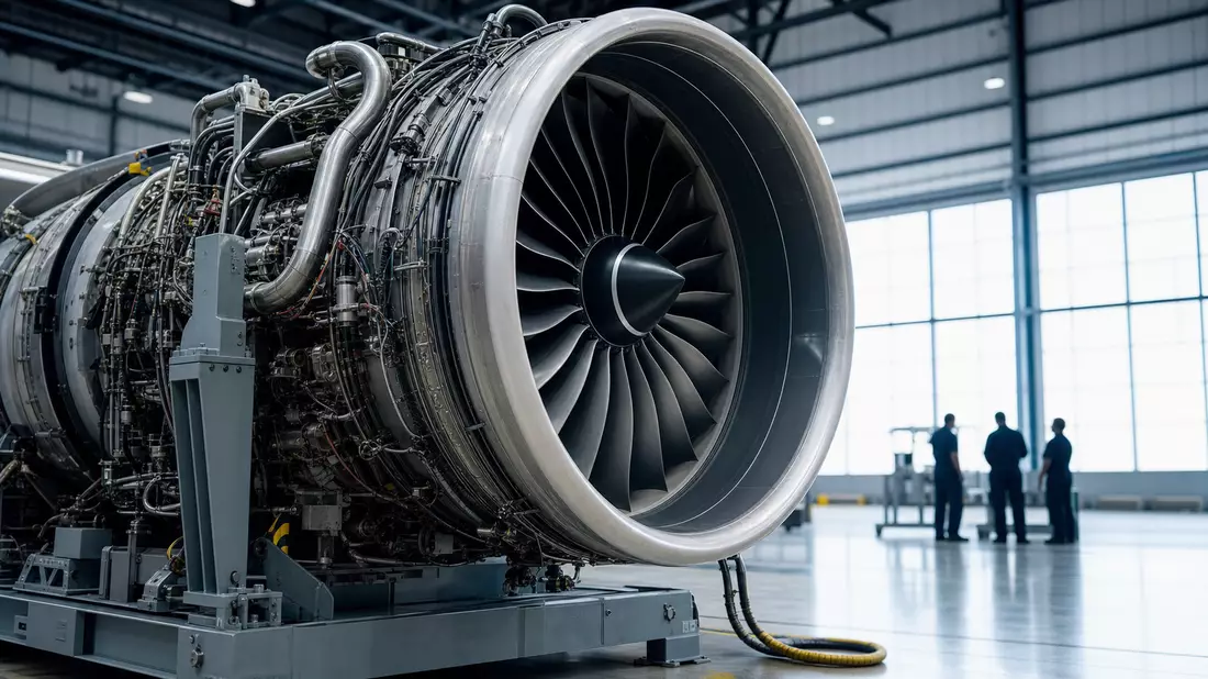 Fotorealistisches Flugzeugtriebwerk auf Prüfstand in Werkshalle