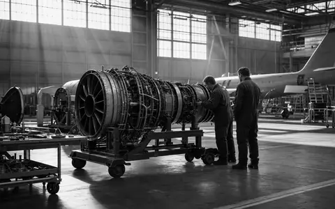 Dokumentarische Schwarzweiß-Reportage aus großer MRO-Halle illustriert das Wartungsgeschäft von MTU Aero Engines AG DE000A0D9PT0 - Foto: THN