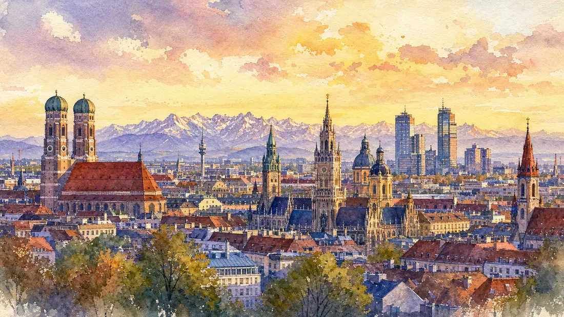 Aquarellmalerei der Münchner Skyline mit Frauenkirche und Alpen