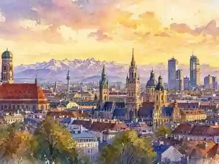 Aquarell-Illustration der MĂĽnchner Skyline symbolisiert Firmensitz von MTU Aero Engines AG DE000A0D9PT0 - Foto: THN