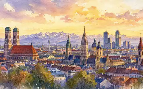 Aquarell-Illustration der Münchner Skyline symbolisiert Firmensitz von MTU Aero Engines AG DE000A0D9PT0 - Foto: THN