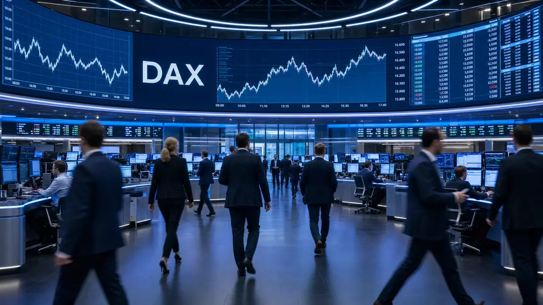 Editorial-Foto der Börse Frankfurt mit Kurscharts und DAX-Anzeige