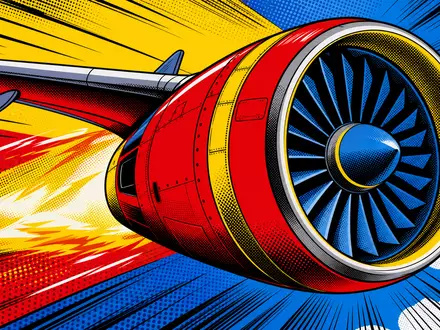 Pop-Art-Comic-Szene mit stilisiertem Flugzeugtriebwerk feiert Innovationskraft von MTU Aero Engines AG DE000A0D9PT0 - Foto: THN