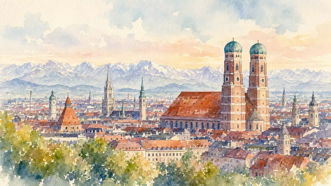 Aquarellmalerei der Münchner Altstadt mit Frauenkirche und Alpenpanorama