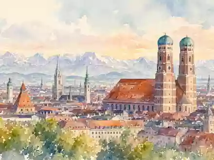 Münchener Rückversicherungs-Gesellschaft AG (Munich Re) DE0008430026 präsentiert Aquarell-Ansicht der Münchner Skyline vor Alpenpanorama künstlerisch dargestellt - Foto: THN
