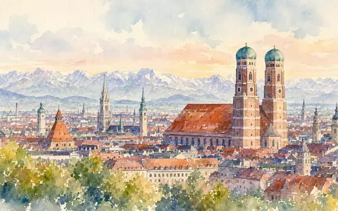 Münchener Rückversicherungs-Gesellschaft AG (Munich Re) DE0008430026 präsentiert Aquarell-Ansicht der Münchner Skyline vor Alpenpanorama künstlerisch dargestellt - Foto: THN