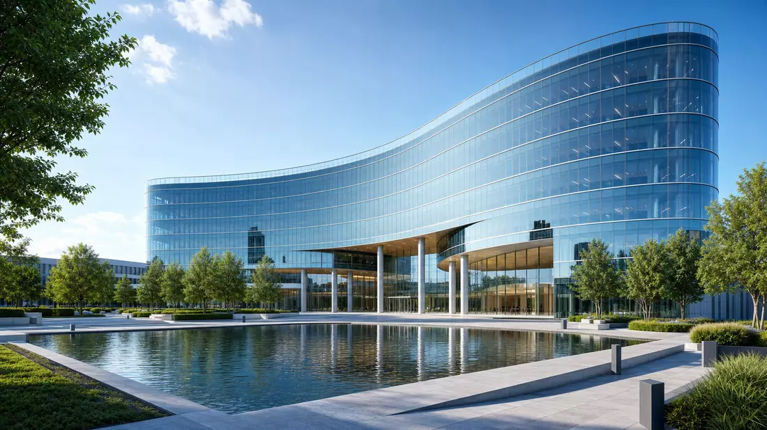 Architektur-Render eines modernen gebogenen Glasbürogebäudes mit Teich