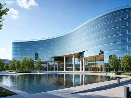 Münchener Rückversicherungs-Gesellschaft AG (Munich Re) DE0008430026 zeigt modernen Glas-Firmensitz als architektonisches Render mit Wasserfläche davor - Foto: THN
