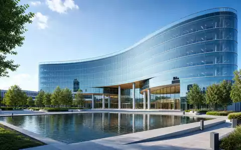Münchener Rückversicherungs-Gesellschaft AG (Munich Re) DE0008430026 zeigt modernen Glas-Firmensitz als architektonisches Render mit Wasserfläche davor - Foto: THN