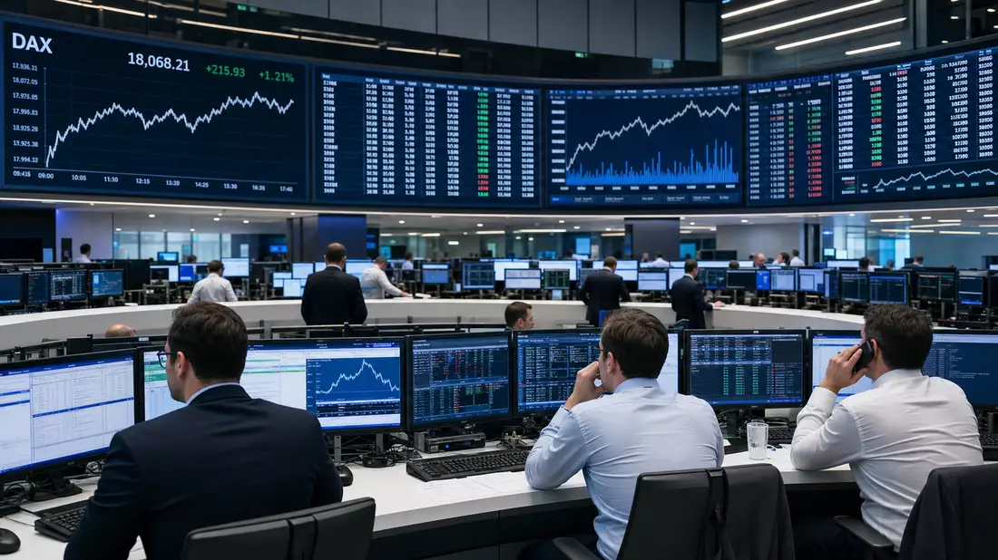 Trading-Floor mit großen DAX-Kurstafeln und Händlern an Bildschirmen