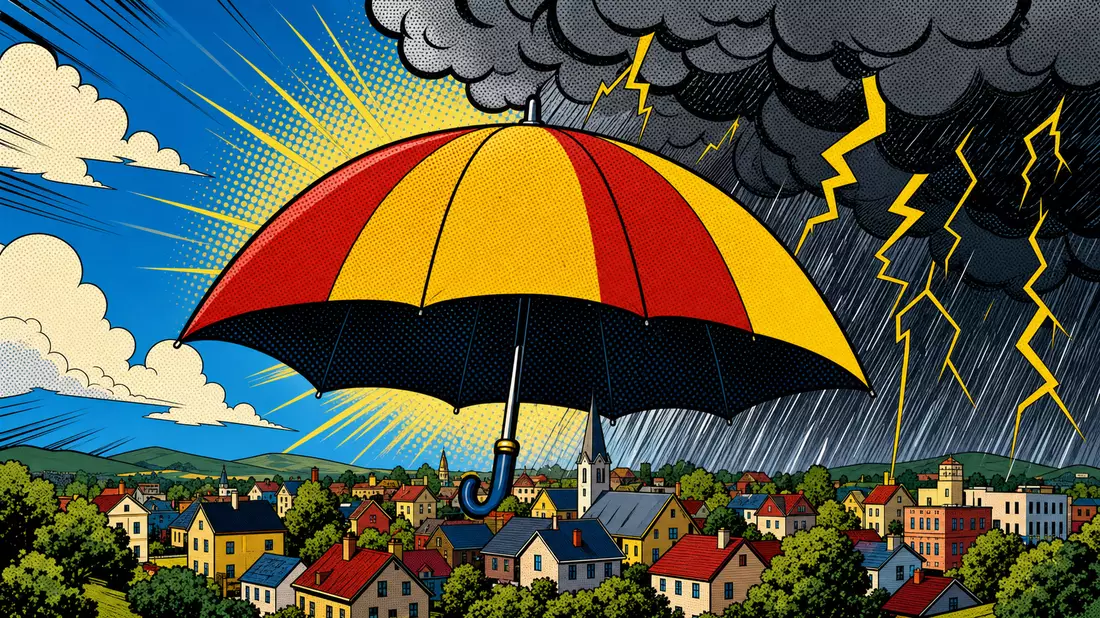 Pop-Art-Comic zeigt großen bunten Regenschirm schützt Stadt vor Gewitter