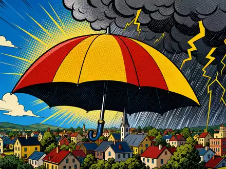 Münchener Rückversicherungs-Gesellschaft AG (Munich Re) DE0008430026 dargestellt als Pop-Art-Comic mit riesigem Schutzschirm gegen Gewittersturm - Foto: THN