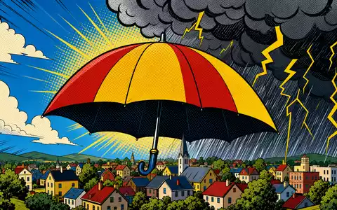 Münchener Rückversicherungs-Gesellschaft AG (Munich Re) DE0008430026 dargestellt als Pop-Art-Comic mit riesigem Schutzschirm gegen Gewittersturm - Foto: THN