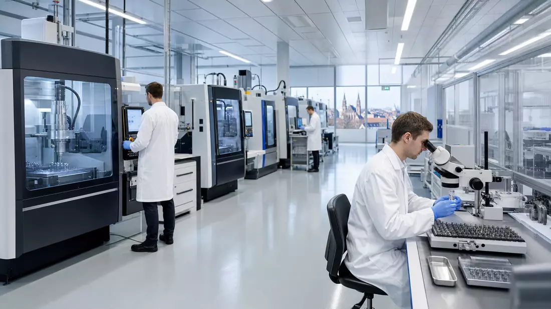 Reinraum-Fertigung von Dentalimplantaten mit Ingenieuren an Präzisionsmaschinen