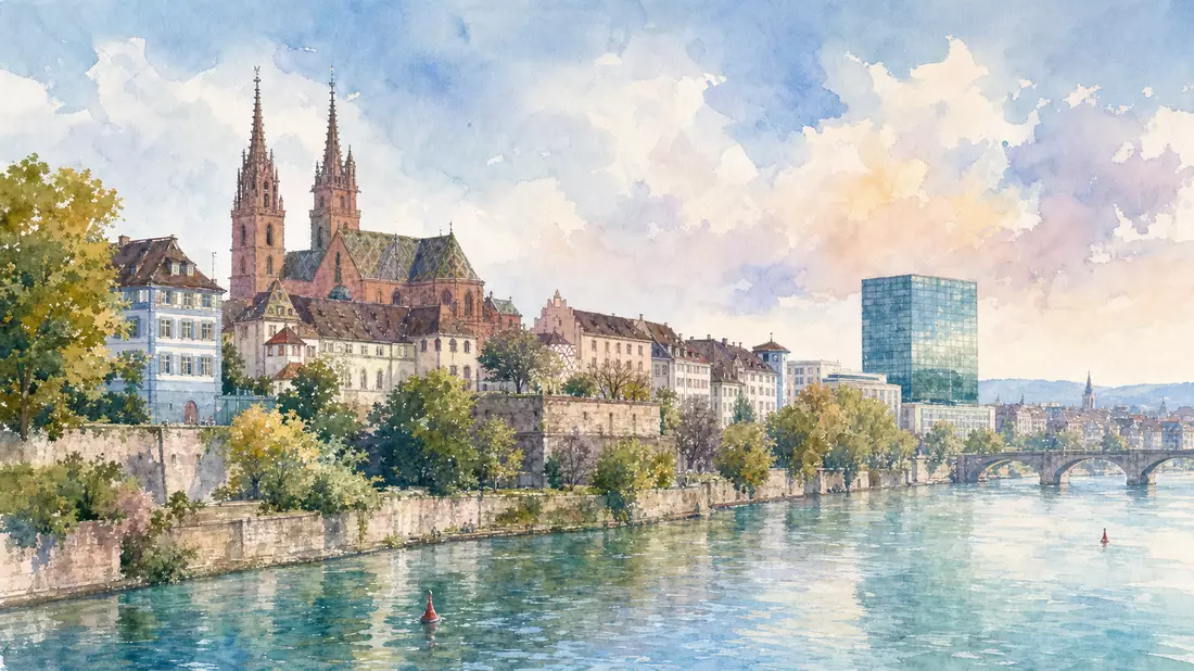 Aquarellmalerei der Basler Altstadt am Rhein mit Münster und Bürogebäude
