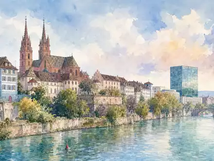 Straumann Holding AG (CH0012280076) hat ihren Hauptsitz in Basel, als Aquarell der Rheinstadt dargestellt - Foto: THN