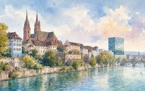 Straumann Holding AG (CH0012280076) hat ihren Hauptsitz in Basel, als Aquarell der Rheinstadt dargestellt - Foto: THN