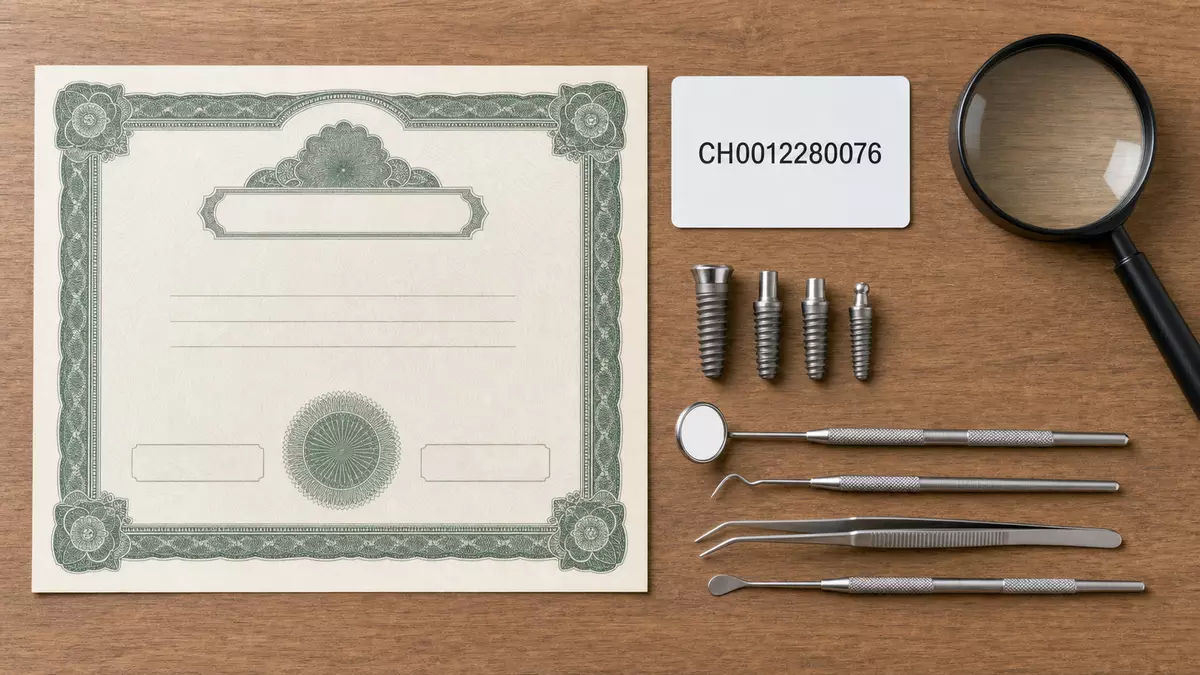 Flatlay mit Aktienzertifikat, ISIN-Karte CH0012280076 und Implantat-Instrumenten