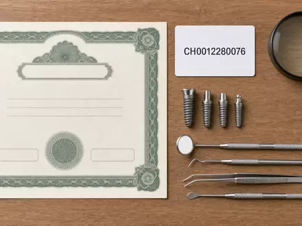 Straumann Holding AG (CH0012280076) symbolisiert dieses Flatlay mit Aktienzertifikat, ISIN-Karte und Dentalimplantat-Werkzeugen - Foto: THN