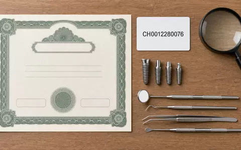 Straumann Holding AG (CH0012280076) symbolisiert dieses Flatlay mit Aktienzertifikat, ISIN-Karte und Dentalimplantat-Werkzeugen - Foto: THN