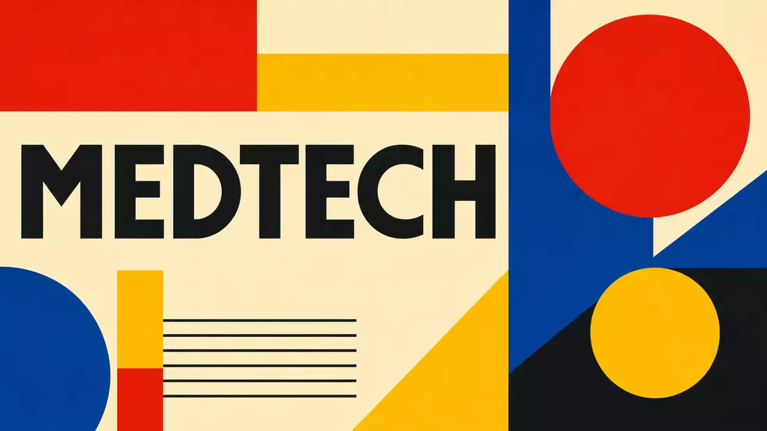 Geometrisches Bauhaus-Poster in Primärfarben mit dem Schriftzug MEDTECH