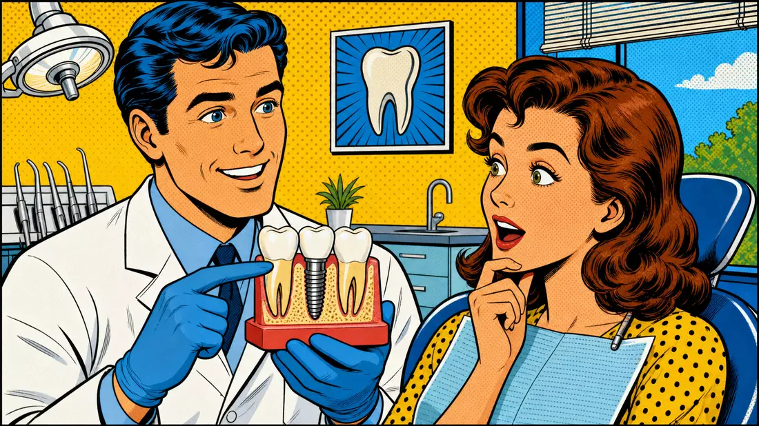 Pop-Art-Comic: Zahnarzt erklärt Patientin ein Implantatmodell