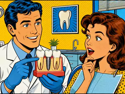 Straumann Holding AG (CH0012280076) inspiriert diese farbenfrohe Pop-Art-Comicszene einer Zahnarztpraxis mit Implantatmodell - Foto: THN