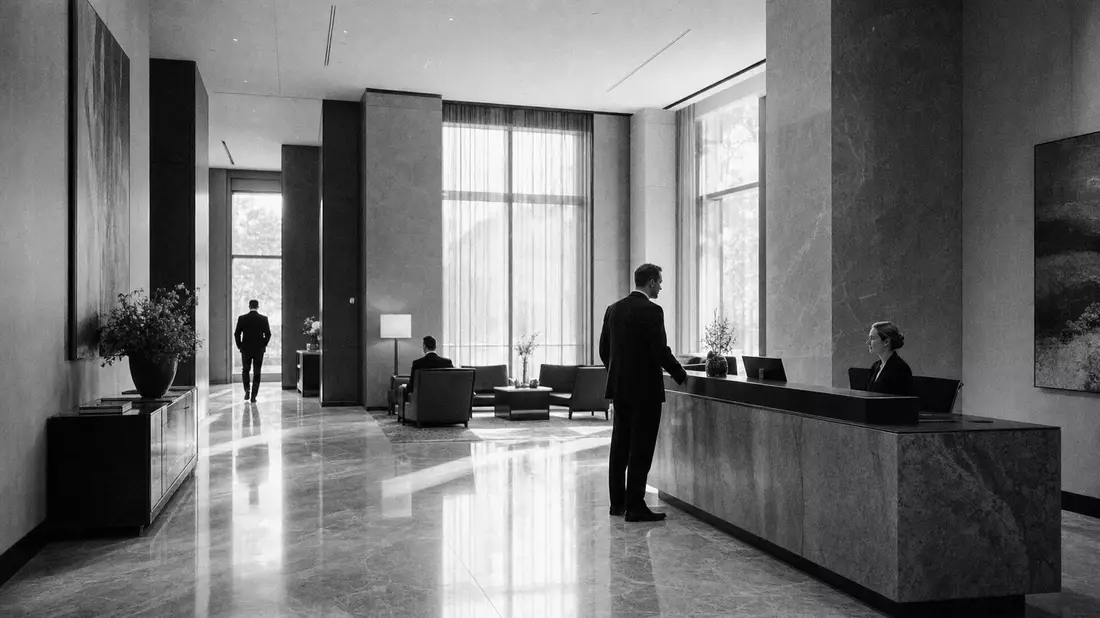 Schwarzweiß-Foto einer eleganten Bank-Lobby mit Marmorboden und Empfang