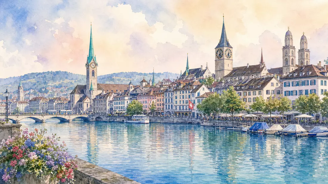 Aquarell der Zürcher Altstadt mit Limmat, Kirchtürmen und Booten