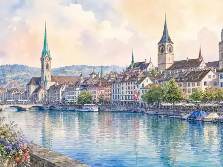Julius BĂ€r Gruppe AG (ISIN CH0102484968) inspiriert Aquarellbild der ZĂŒrcher Altstadt am Limmatufer mit KirchtĂŒrmen - Foto: THN