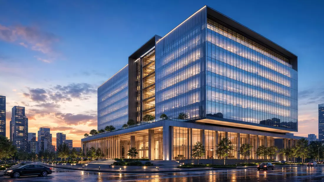 Architektur-Render eines modernen Glas-Bankgebäudes bei Abenddämmerung